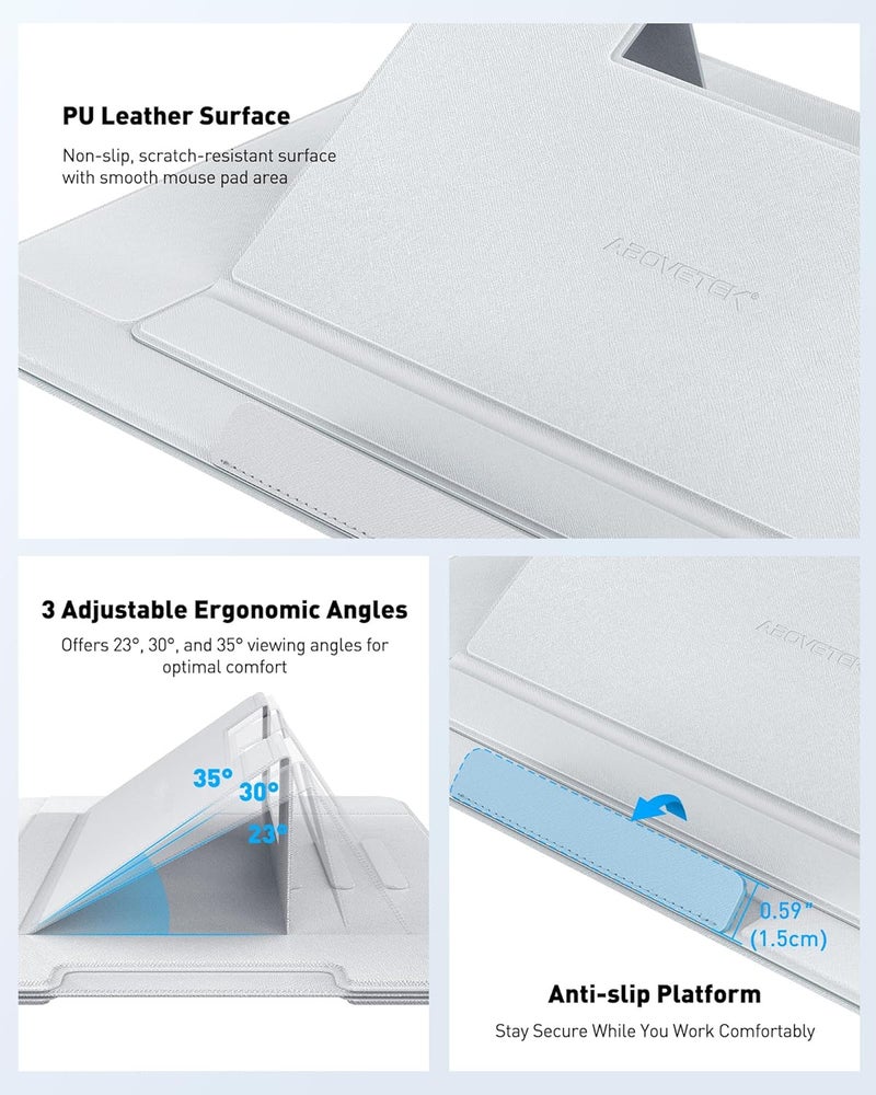 AboveTEK Adjustable Laptop Lap Desk, 3 Ergonomic Angles, PU Leather Non-Slip Surface, Heat Shield, Retractable Mouse Pad, Portable Laptop Lap pad for Bed, Sofa, Travel (Light Gray) - Image 5